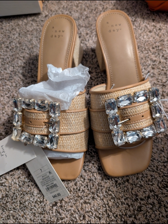 a new day Shoes - a new day Tan Raffia Slide Mules with Crystal Buckles